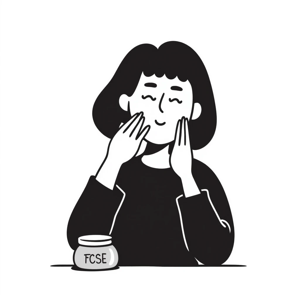 moça aplicando creme facial, linhas desenhadas à mão, visual leve emoji