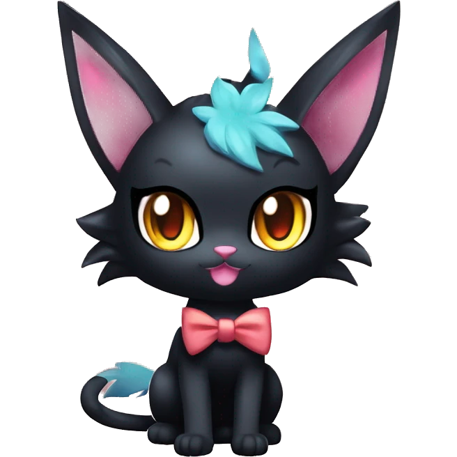 Shiny Dark Cool Edgy Black beautiful ethereal fantasy Kawaii Sona Litten-Fakemon-cat-animal with edgy bat-ears bow tie black emo-mane vtuber model Full Body emoji