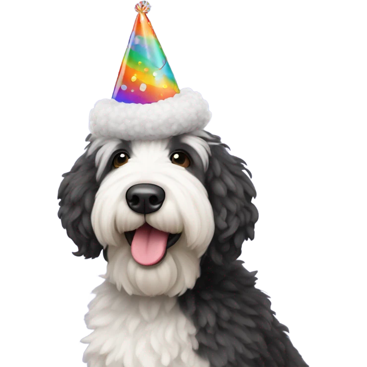 Sheepadoodle wearing a birthday hat emoji