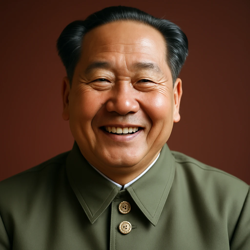 Make Mao Zedong smile, keep photorealistic style, formal attire, neutral background. emoji
