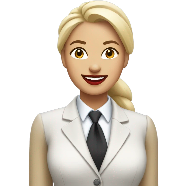 blonde woman with straight hair tied up in a suit and red lipstick smiling emoji