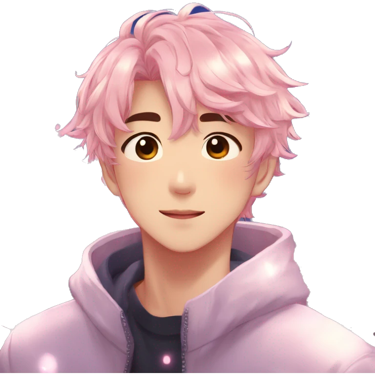 Gorgeous bright sparkly romantic Asian anime guy with blushing face aesthetic trending style outside emoji