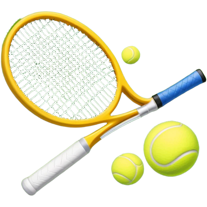 A tennis racket and ball on a grass or hardcourt surface, symbolizing the sport. The racket has a sleek design with tightly strung strings, while the bright tennis ball rests nearby, capturing the essence of precision, agility, and competition. emoji