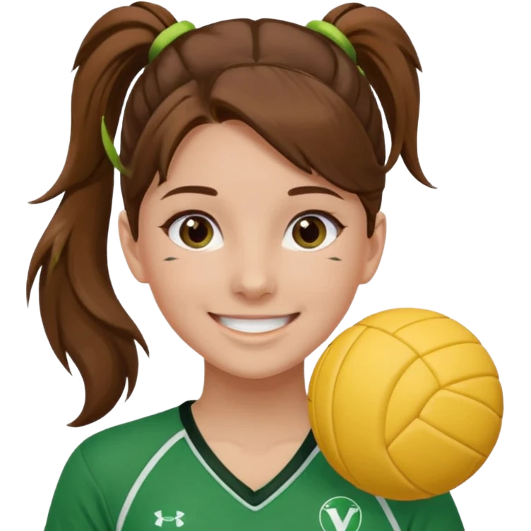 Девушка с хвостом, коричневые волосы и две пряди у лица, в зеленой волейбольной форме радуется emoji