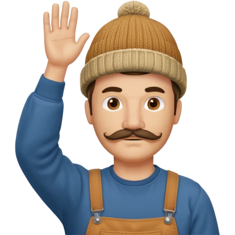 Woodworker mustache knit cap Carharttk shirt hand raised above head emoji