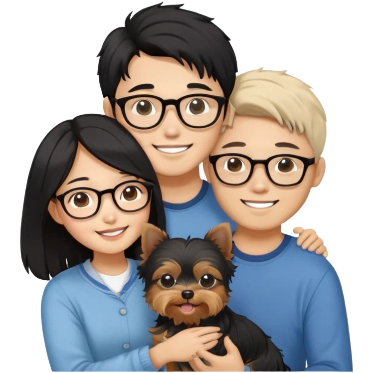 “An Asian girl with long, wavy black hair (loose, no hair tie) next to her smiling boyfriend—a light brown-skinned man with a Korean-style haircut and glasses. Together, they’re holding a small Yorkshire Terrier emoji