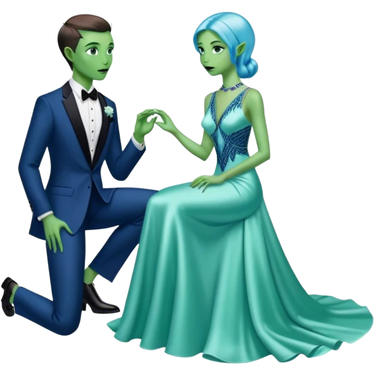 alien reptilian green skin woman, in long slim pastel blue formal party satin dress with gradient shiny sparkling navy blue diamonds embroidered , and caucasian man in black dres on his knees asks her to marry her emoji