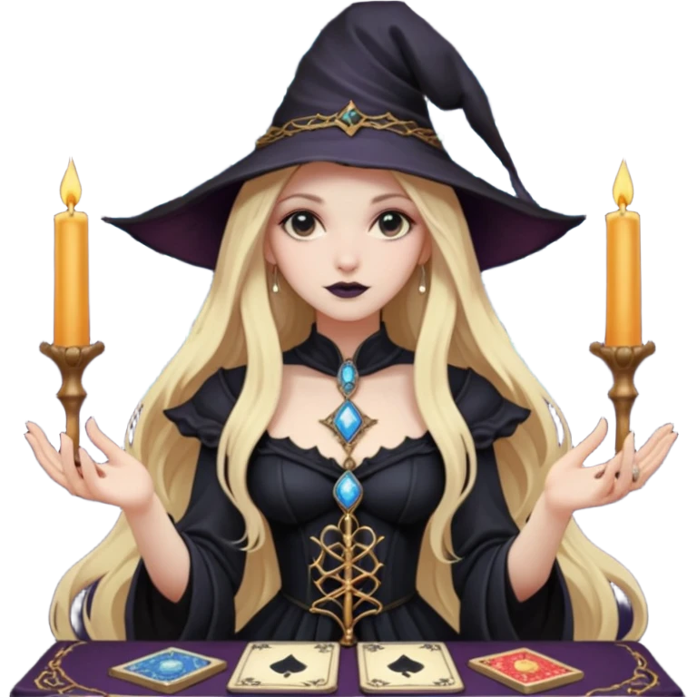dark witch girl with long blonde hair and Tarot cards emoji