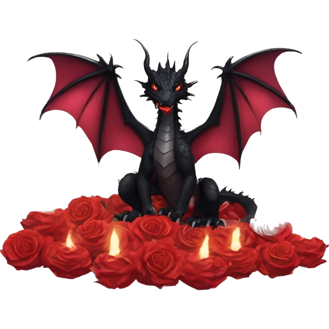 Black dragon breathing red flames, covered in thorned roses, surrounded by lanterns candles and fairy lights emoji