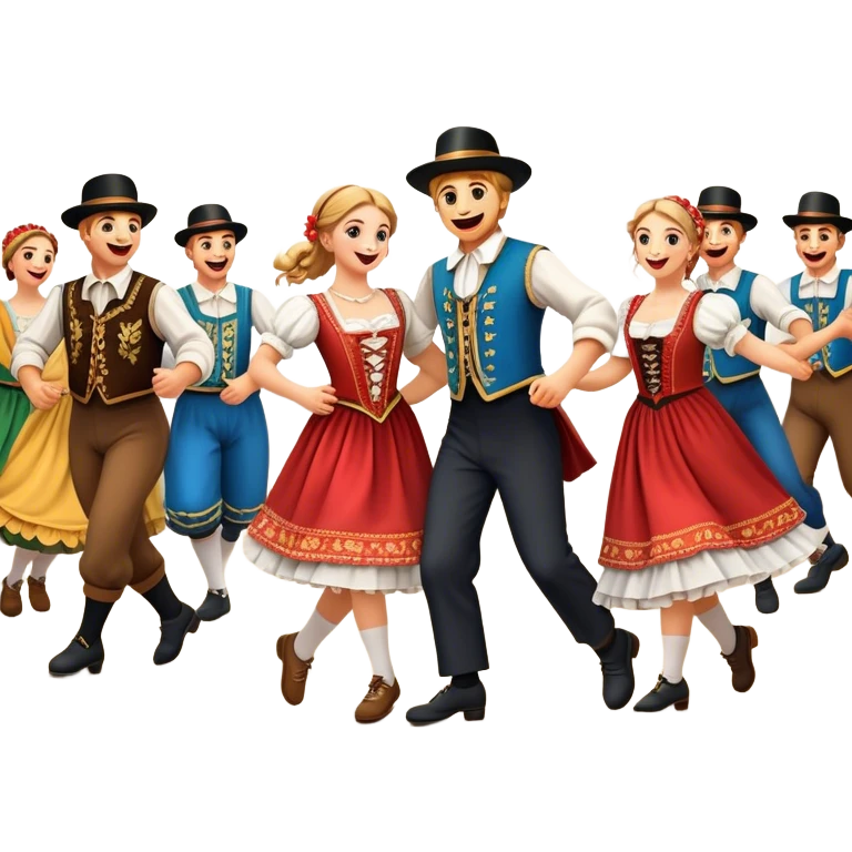 Cinematic Realistic Schuhplattler Dance Emoji, depicted as a lively traditional folk dance scene with performers in authentic Bavarian costumes, rendered with dynamic textures and festive natural lighting that captures the spirit of rural celebration. emoji