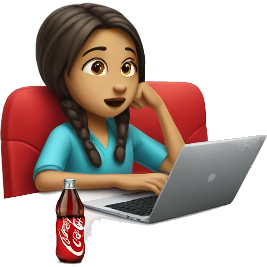 tired girl with laptop drinking coca-cola emoji