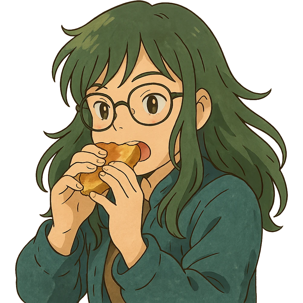 Seele with green hair and glasses biting, ghibli style emoji