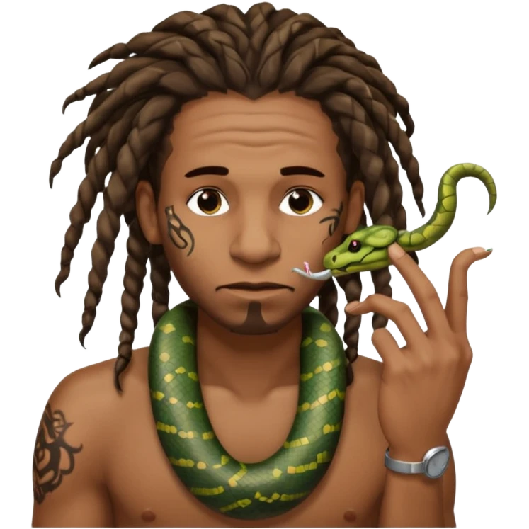 Black man with dreads and snake tattoo on forehead wiping his nose perpendicular with index finger emoji