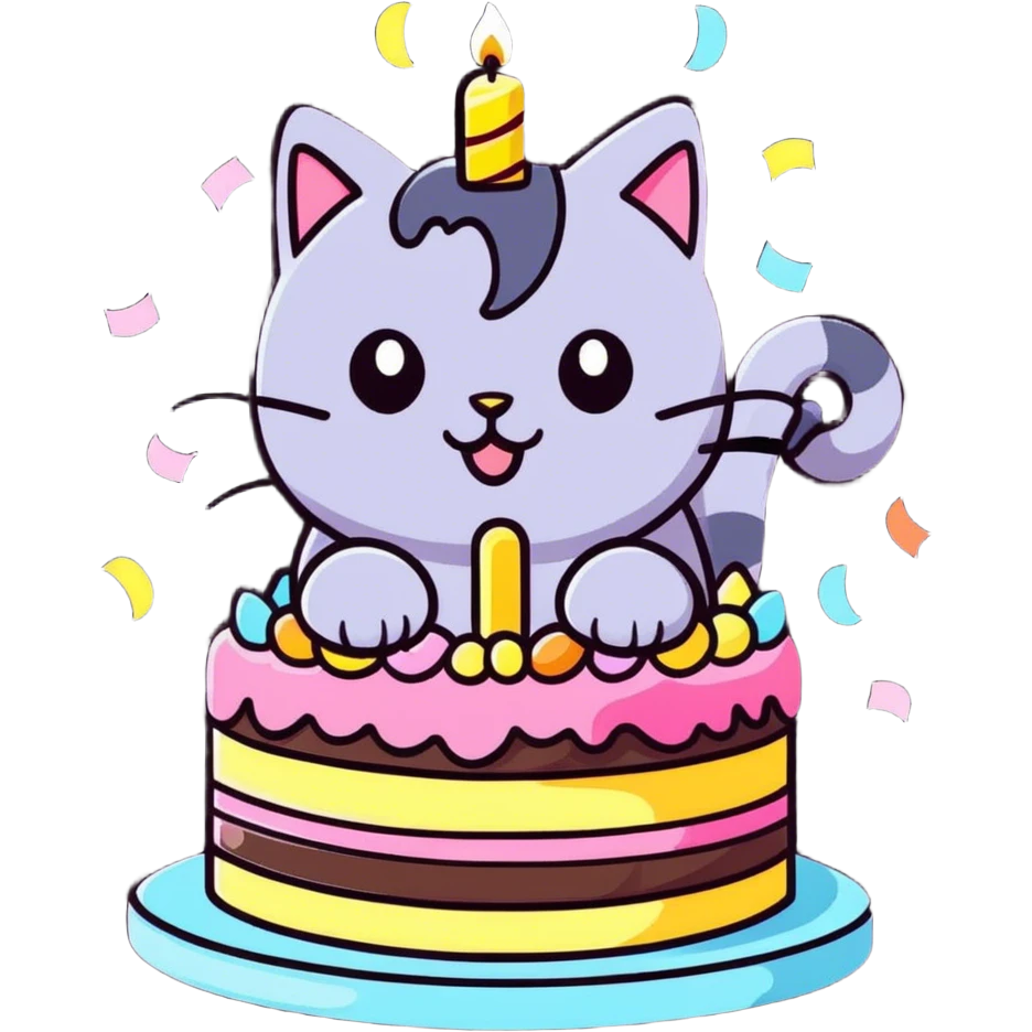 Cat coming out of birthday cake with confetti  emoji