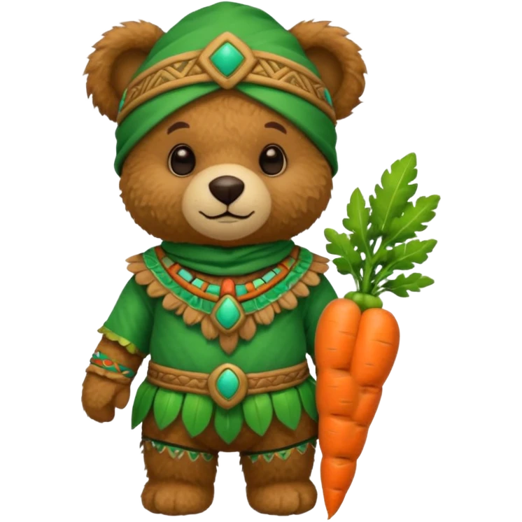 teddy bear, wearing green mayan ancient custome, with carrotm half body emoji
