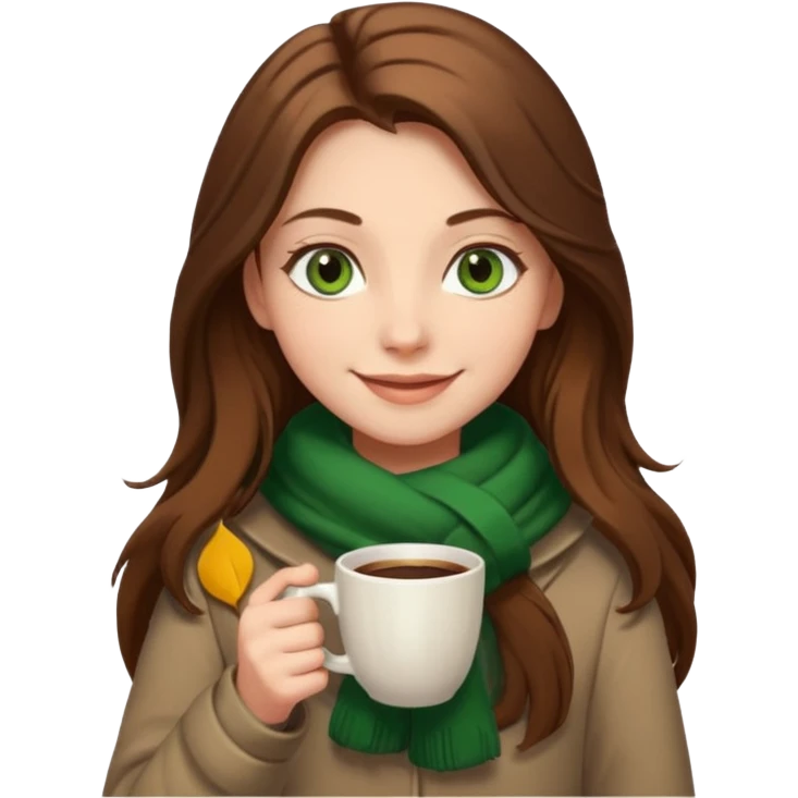 Girl green eyes brown long hair with brown-white winter clothes with coffee in her arms emoji