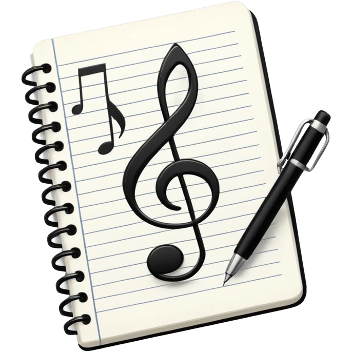 Minimalistic flat vector icon, iOS style, thin black contour on white background. Small notebook with a musical note on the cover, a pen placed next to it. Clean, modern, no text, no shadows. emoji