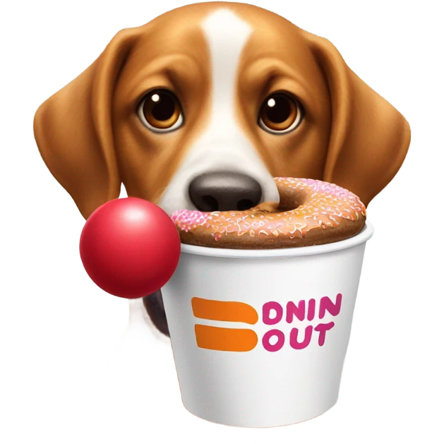 dog holding a dunkin donut coffee with red ball emoji