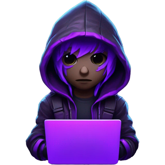 developer behind his laptop with this style : crysis Cyberpunk Valorant neon glowing bright purple character purple violet black hooded assassin themed character emoji