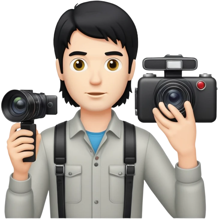 a white man with black mullet hair holding a foto camera emoji