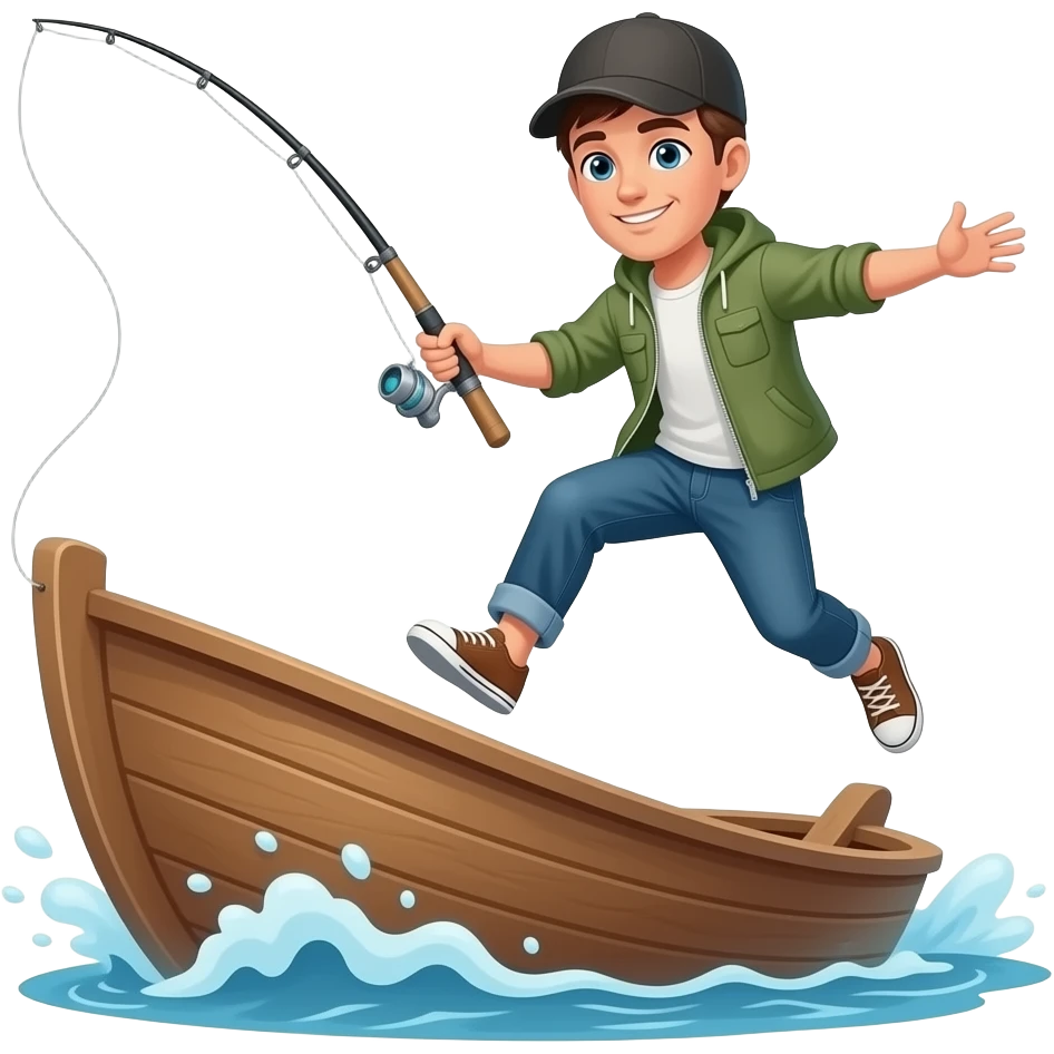 a guy flying off a boat with a fishing rod emoji