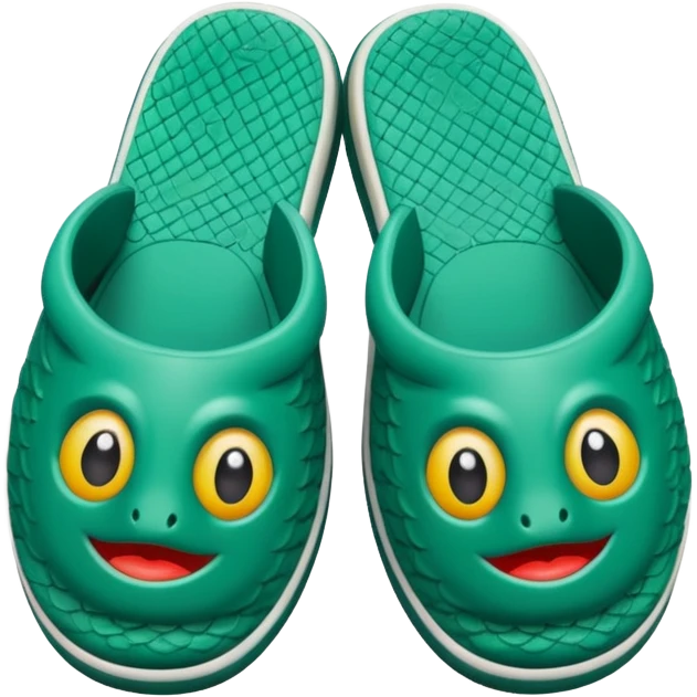 slightly green rubber pool slippers with carp eyes on the top emoji