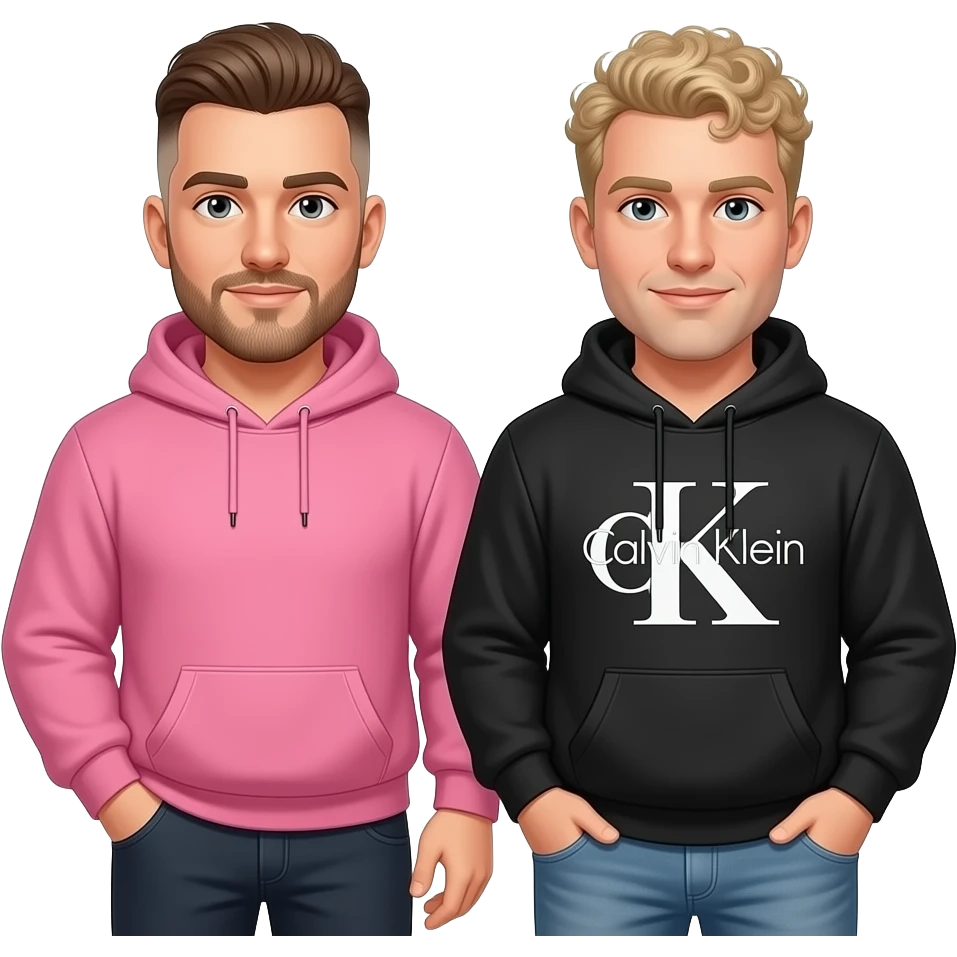 Make a tan muscular man who is brown wearing a pink hoodie with a brown low taper fade and a chubby white guy with a black Calvin Klein sweatshirt and his hair is dirty blonde curly emoji