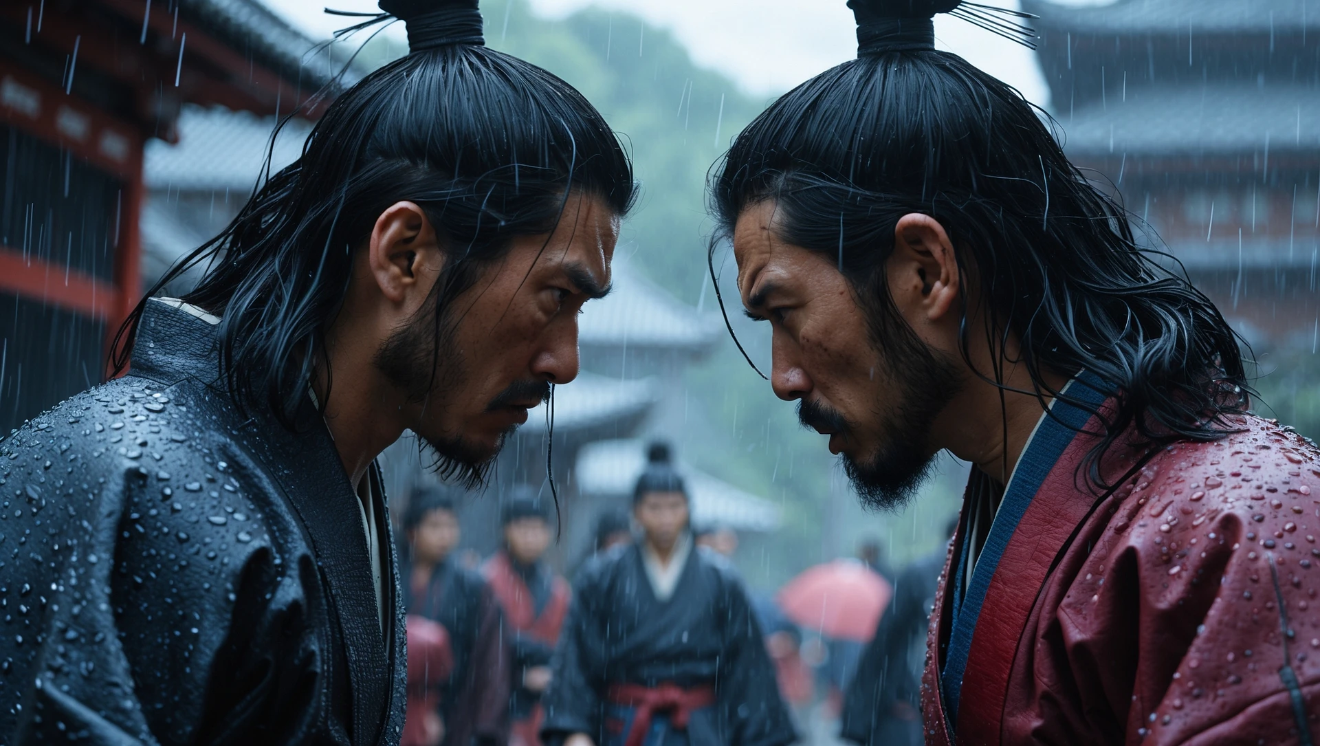 A cinematic scane of a two japan samurai face to face ready to fight during rain, Medium shot, deph composition, tense atmosphere, shot by arri alexa, film directed by wes anderson emoji