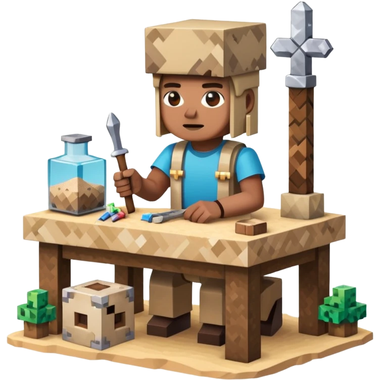 minecraft crafting station in a minecraft cube style with tools, stone, wood, glass, sand, ... emoji
