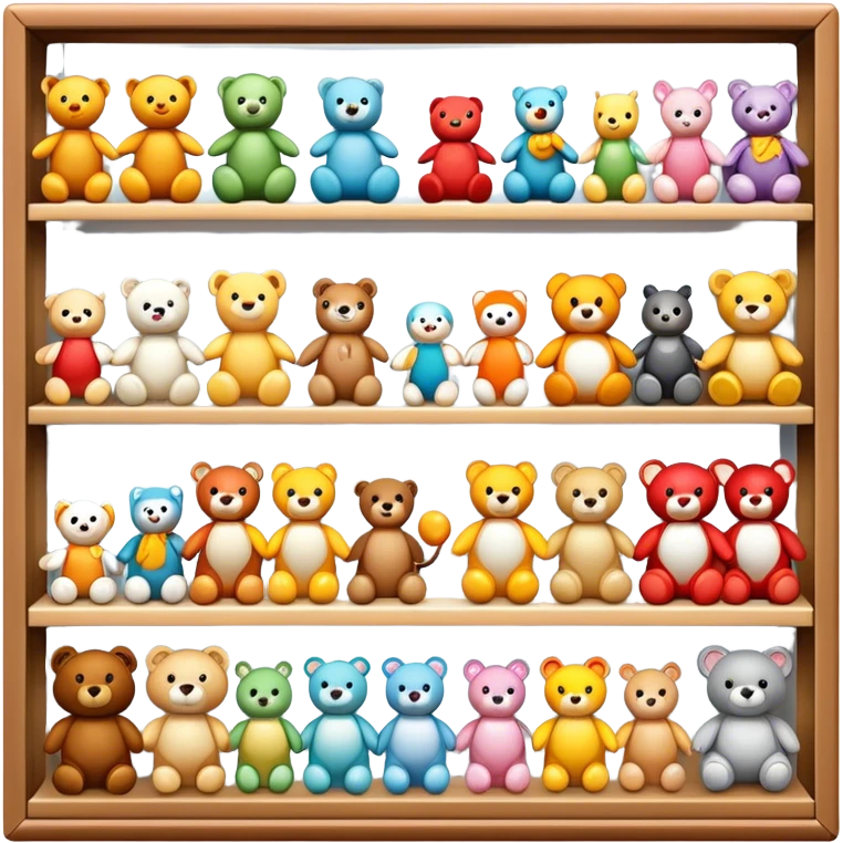 Icon for Toy Collecting: a collection of various vintage toys such as dolls, action figures and plush animals, displayed neatly on shelves or in display cases. The icon should evoke the joy and nostalgia of collecting toys. Transparent background. emoji