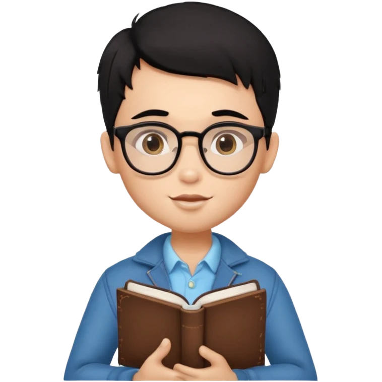 a pretty bratz boy with black hair, spectacles on, holding a book in hand and a chocolate in the other emoji