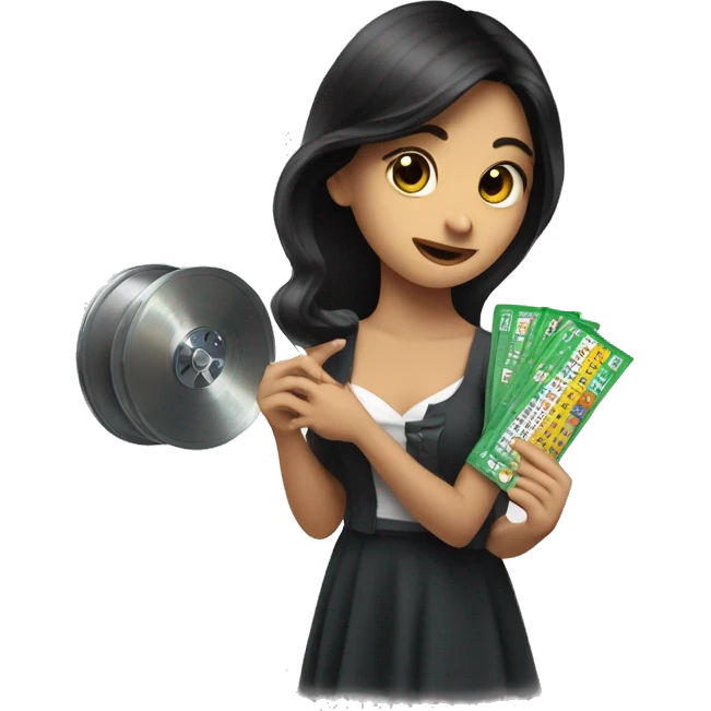 a girl with dark hair who holds a lottery ticket in her hands and spins the drawing reel emoji