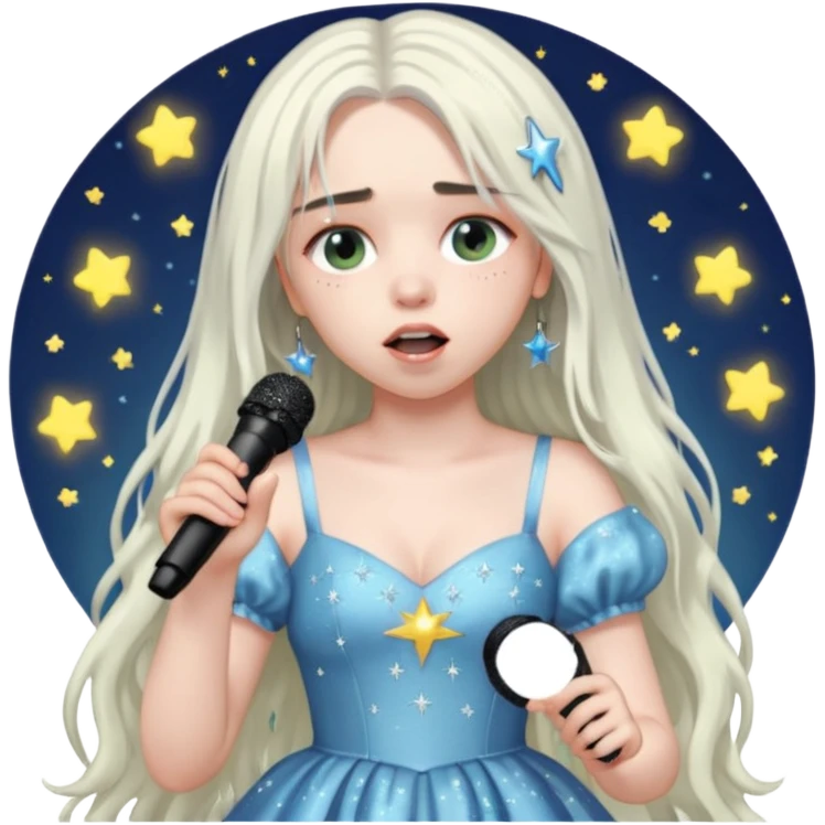 billie eilish is singing, holding mirco and twinkle dresss, white long hair emoji