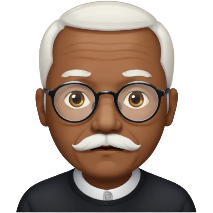 an elderly man with medium-dark skin tone, bald on top with short white hair at the sides, thick white eyebrows, large brown eyes, and wears black-framed glasses.
A small white beard sits above his mouth emoji