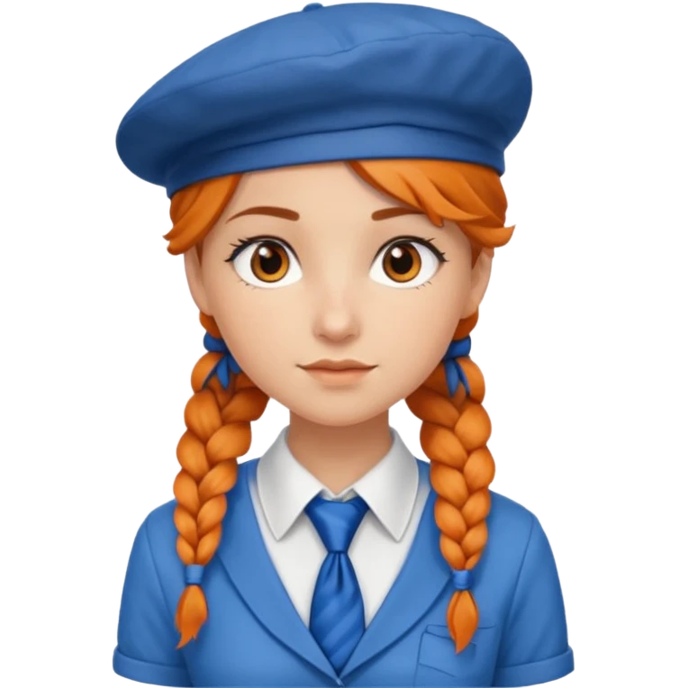 orange braided hair girl, wearing white shirt, Blue Necktie and a brown berret Hat emoji