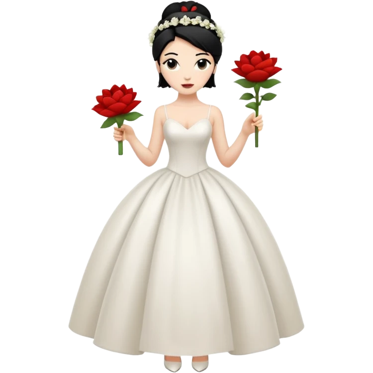 Chica blanca,cuerpo entero, vestido boda  tirantes finos y cuerpo pegado, pelo negro recogido con mechones y zapatos tacon y 1 flor en la cabeza emoji