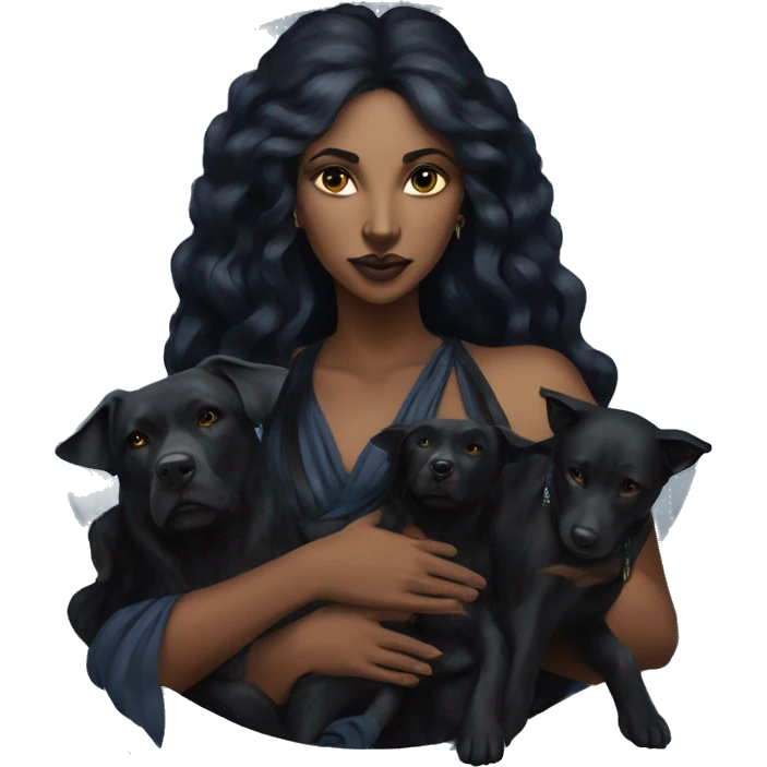 Hekate goddess of the night and magic- triple goddess black hair and two black dogs emoji