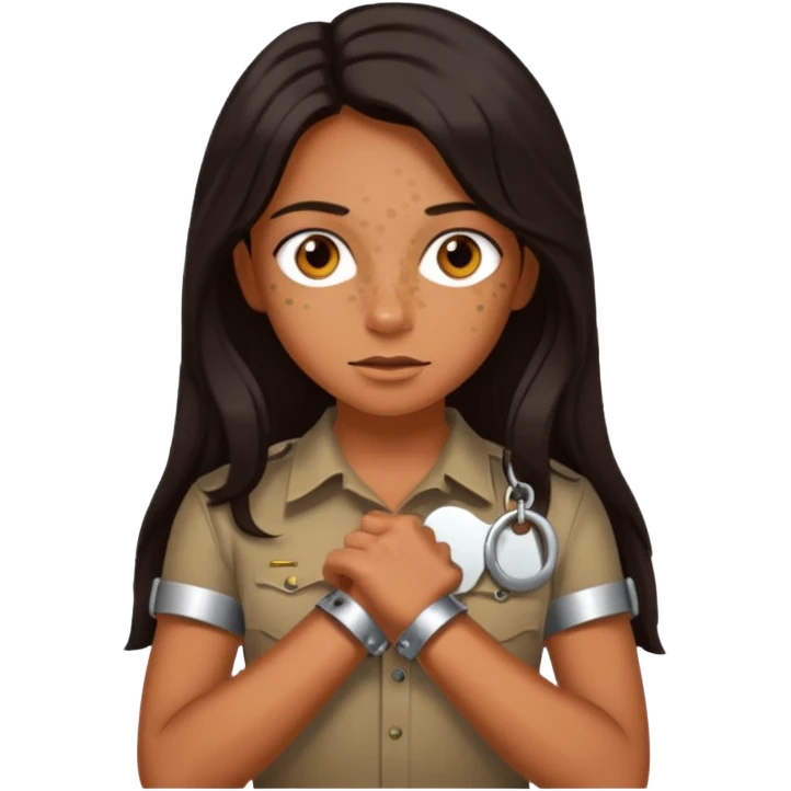 Tan skin with freckles, long dark hair, hazel eyes Dominatrix with handcuffs emoji