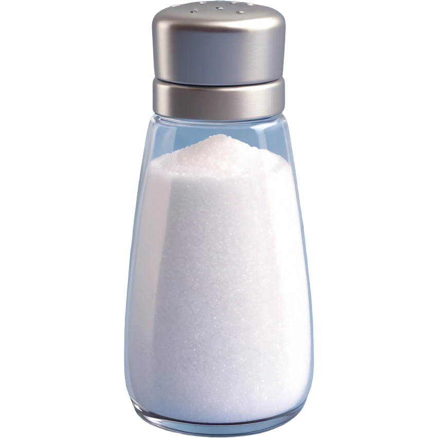 3D emoji style salt shaker, upright, silver top, clear body with white salt, simple and expressive emoji