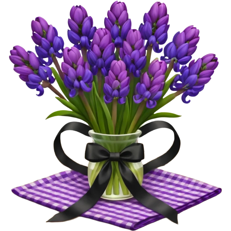A lush bouquet of bright prple color Hyacinths black satin ribbon, resting on an antique wooden table, with a pale yellow and pink plaid pattern table cloth emoji