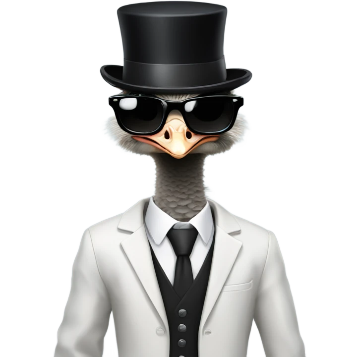 Ostrich wearing a black suit jacket, white undershirt, a black top hat, and black sunglasses emoji