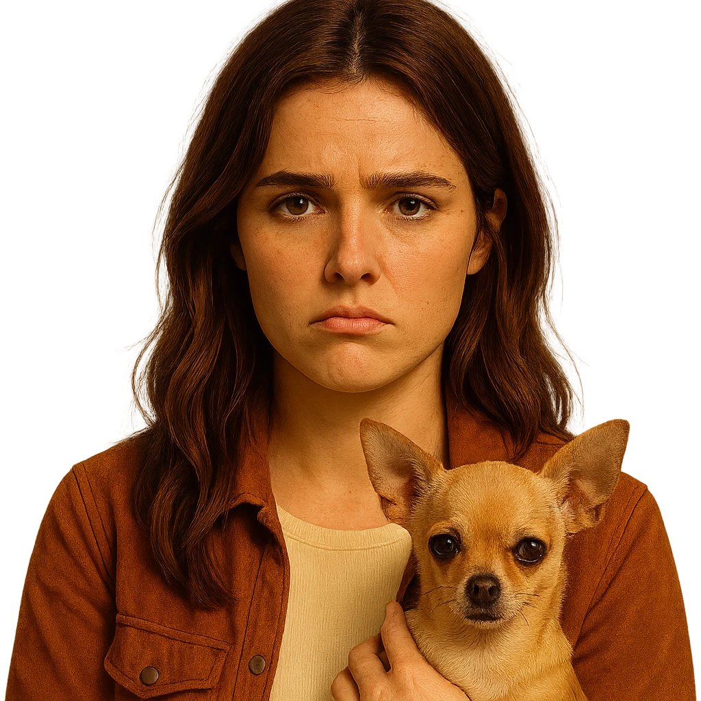 Portrait centered for Instagram profile picture inspired by the facial features visible in the reference images, with a tanned complexion, subtle freckles, shirt color #FFF8CA, rust-colored jacket, medium-length brown hair with auburn highlights, expression disappointed and sulky, holding a beige-brown chihuahua, Netflix series style, transparent background, intimate Tenerife ambiance. emoji