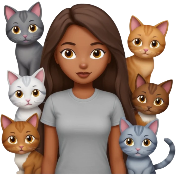 a pretty bratz dusky girl with long brown hair with six cats nd wearing a grey tshirt emoji