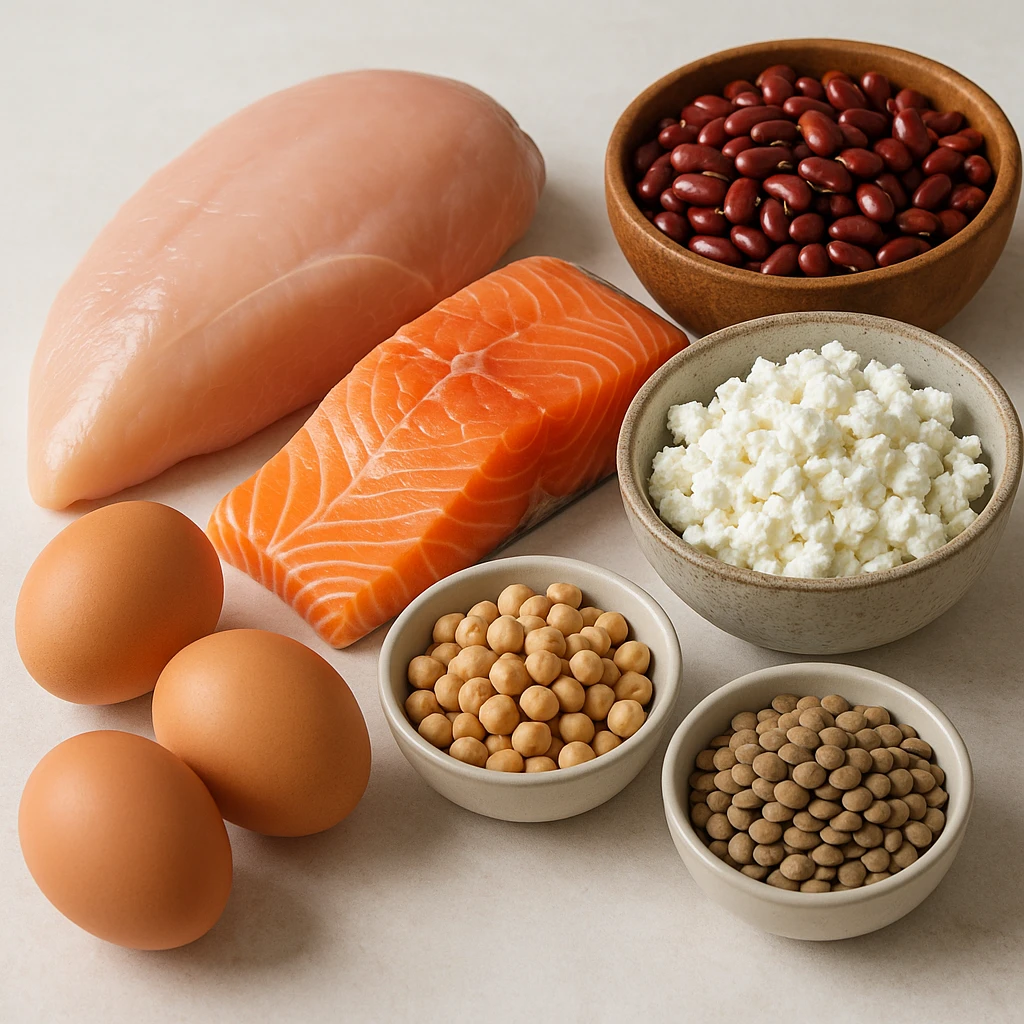 realistic image of protein sources composition with lean meat, fish, eggs, and legumes, detailed, light background emoji