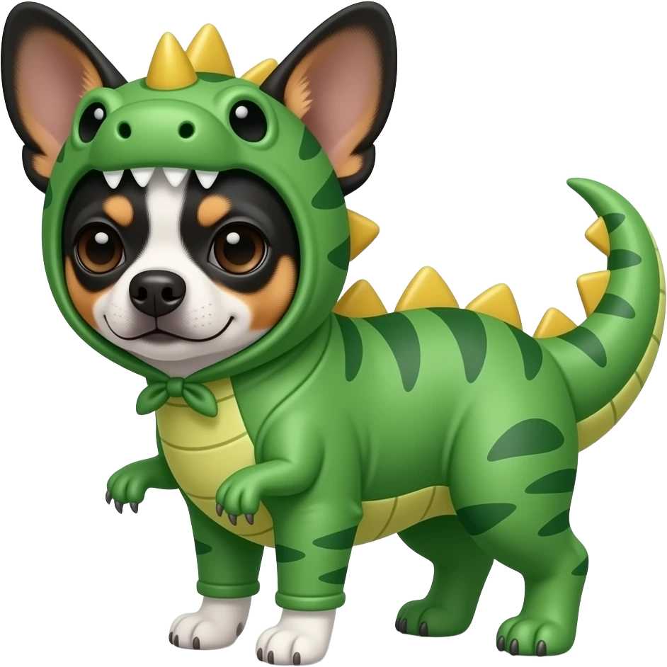 Un perro Chihuahua disfrazado de dinosaurio pero que el perro sea de color blanco y negro emoji