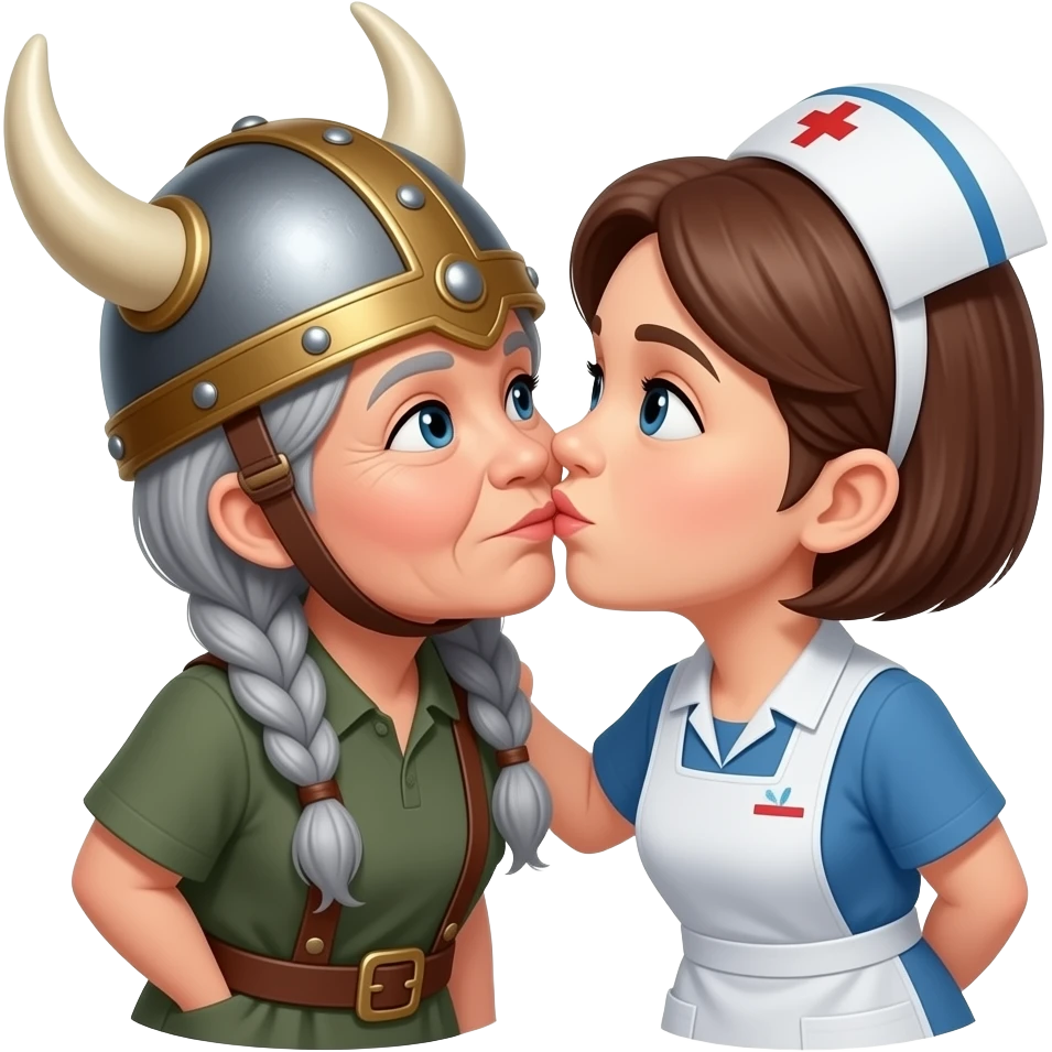 Viking helmet no strap on gray braids old woman kissing old woman shortest hair brunette old nurse emoji