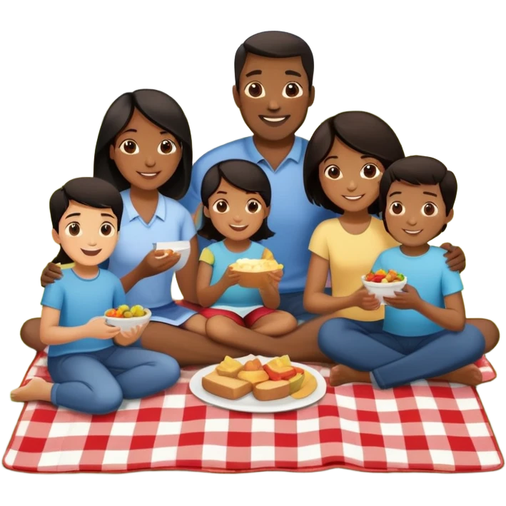 Diverse family picnic with Black parents and children with dark hair sitting on a blanket enjoying food outdoors emoji