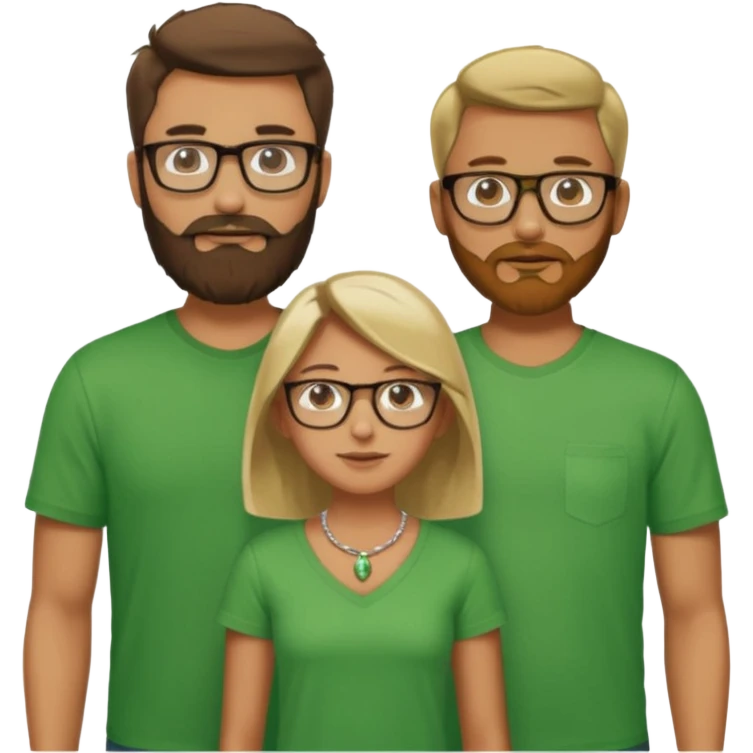 A family consisting of a man who's bearded, tanned, wearing glasses, a woman, slightly tanned, and a 14 year old teenage boy, slightly tanned, wearing a green t-shirt emoji