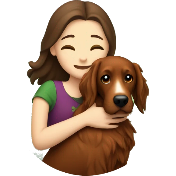 Brunette white girl hugging an irish setter dog emoji