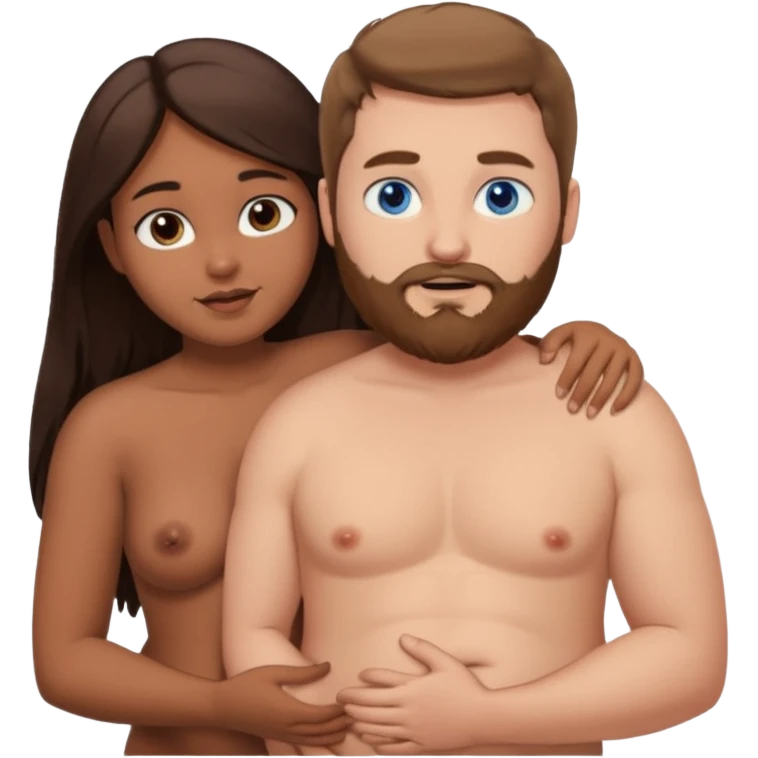 chubby white guy with brown hair and beard and blue eyes, holding a brown girl with long dark hair and dark brown eyes in arms, naked, showing tits emoji
